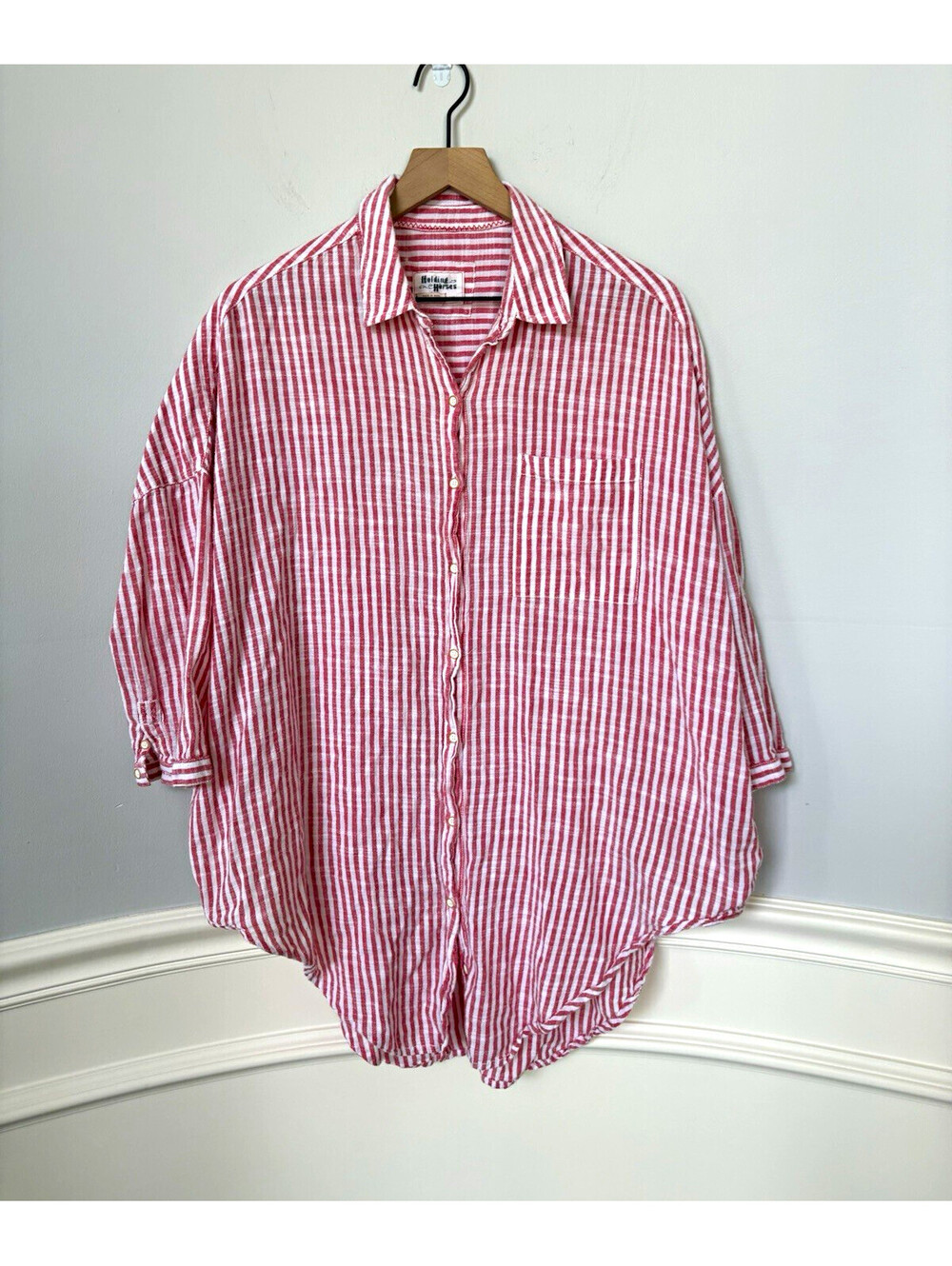 Anthropologies Holding Horses Rose/White Striped Cotton Button-Up Shirt M/L